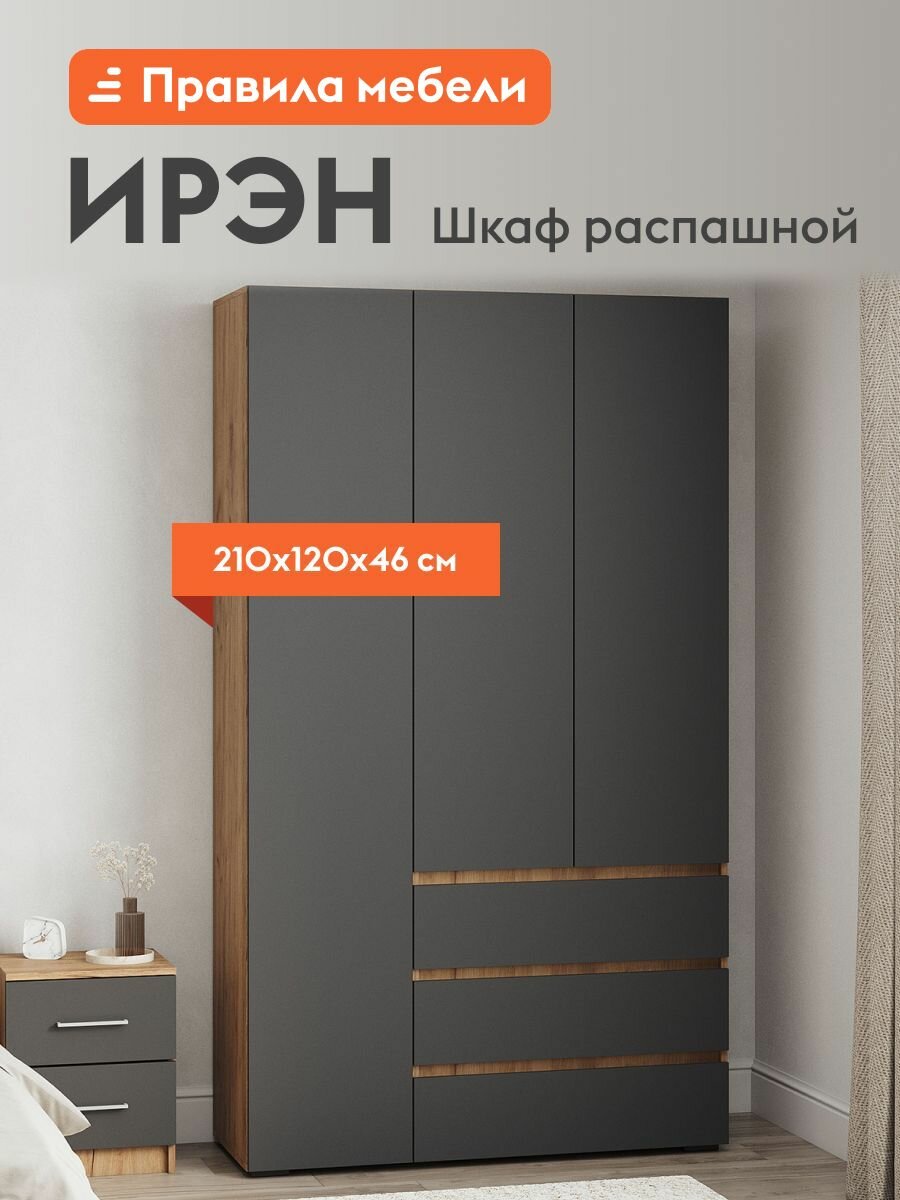 Шкаф распашной для одежды Ирэн с ящиками, с полкой, продольная штанга, 120х46х210 см, Дуб Крафт золотой / Графит серый