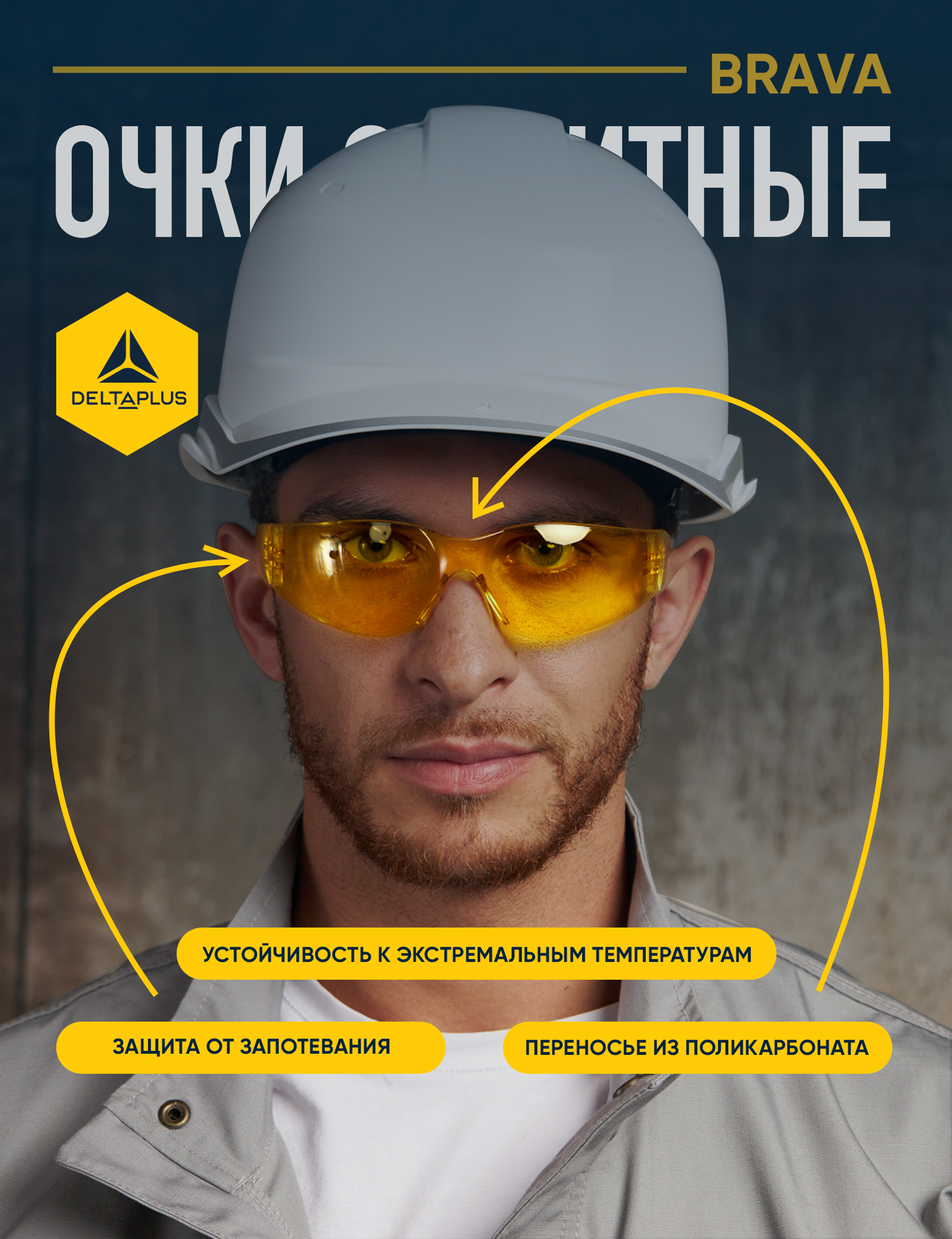 Очки защитные DELTA PLUS BRAVA2 YELLOW открытые с желтыми линзами