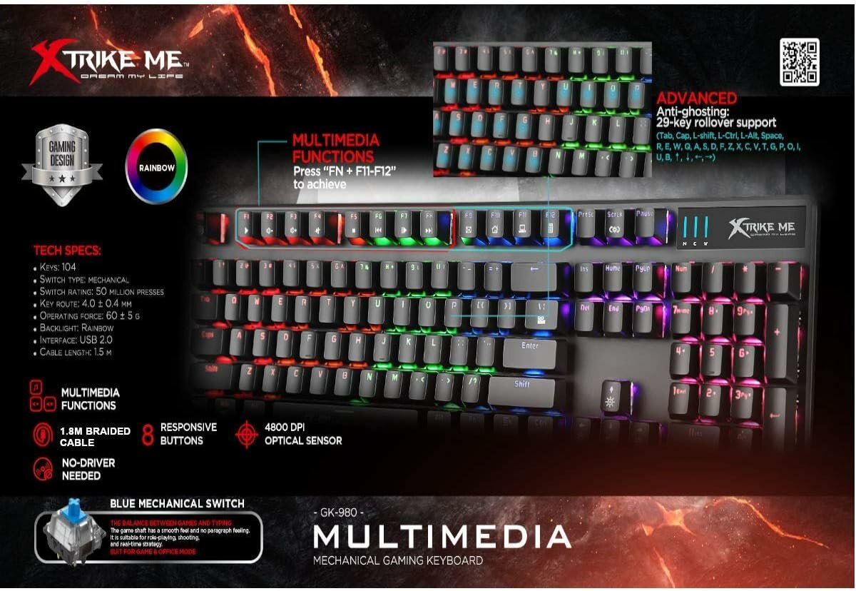 Клавиатура Xtrike ME GK-980 EN, механическая, Red Switch, 6-цветная LED подсветка, USB, черная