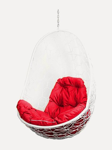 Изображение товара Подвесное кресло овал (без стойки), с ротангом белое, красная подушка