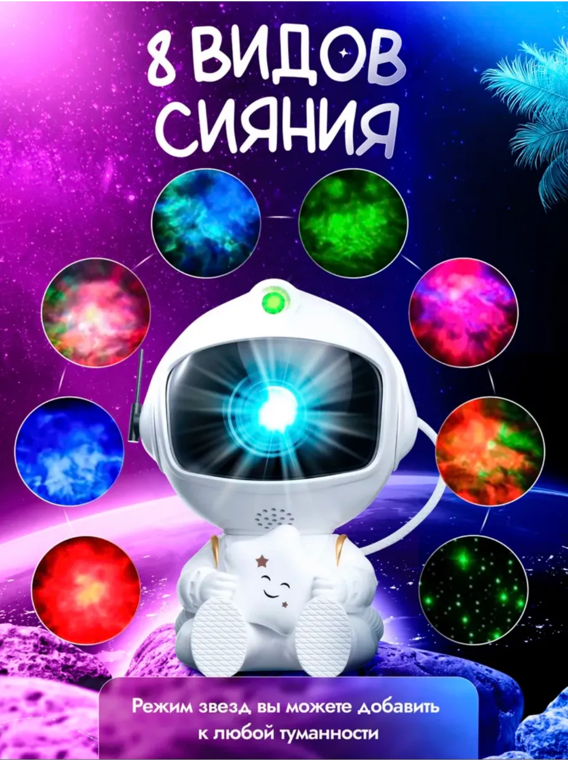 Ночник проектор звездного неба Космонавт с пультом ДУ, 12 режимов работы, 8 видов сияния, белый