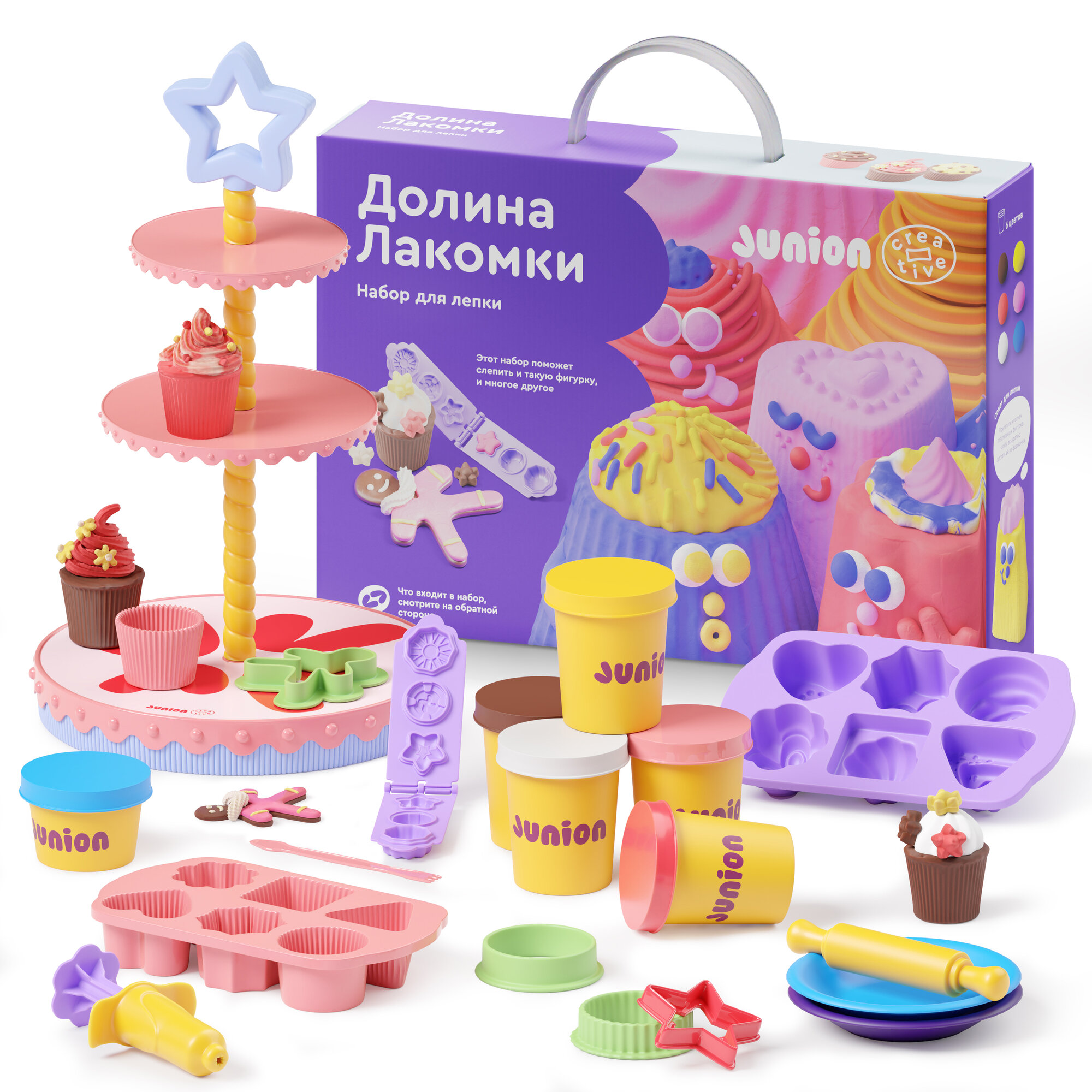 Набор для лепки печенья и капкейков Junion Creative "Долина Лакомки", тесто-пластилин, 6 цветов, 24 предмета