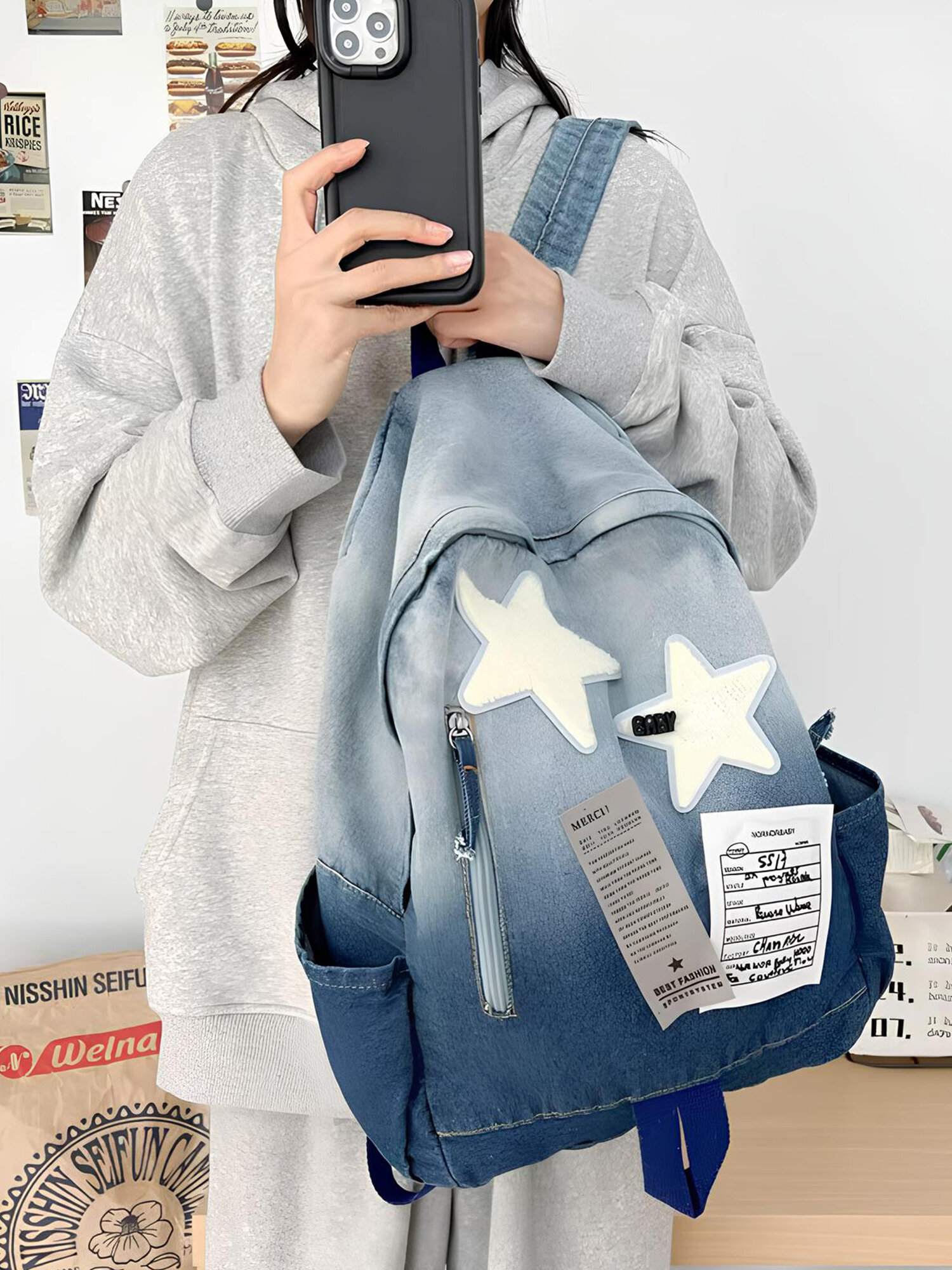 Рюкзак джинсовый y2k школьный корейский для подростков, городской портфель для девочки — фото 1