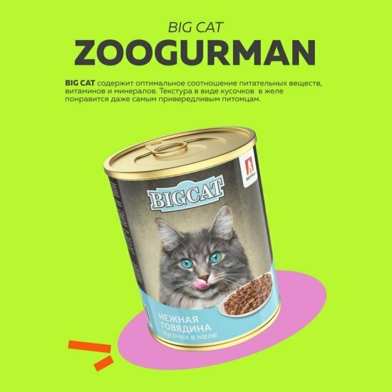 Корм влажный Зоогурман BIG CAT для кошек кусочки в желе с говядиной 6шт.*350г