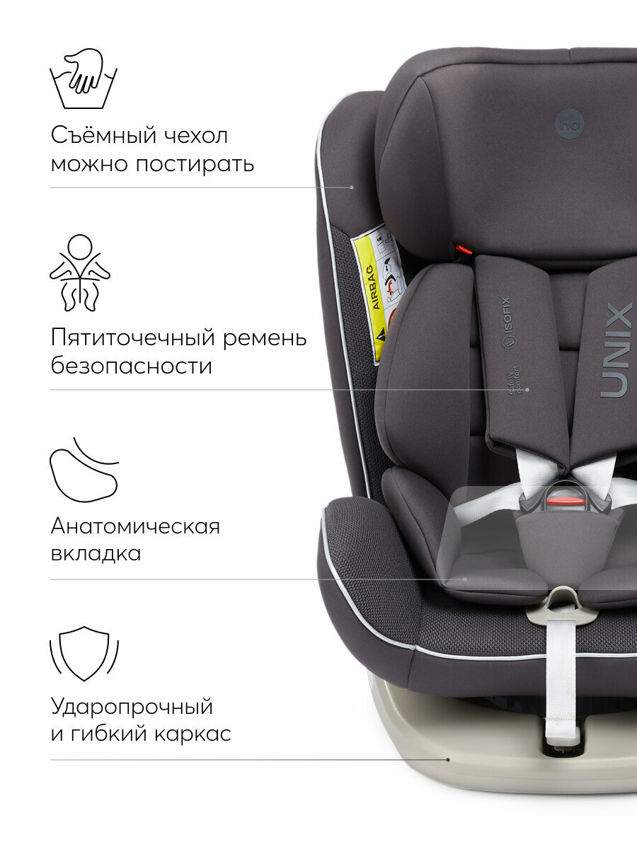 Автокресло детское от 0 до 12 лет Unix Happy Baby группа 0+/1/2/3 (до 36 кг), isofix, поворотная база, темно-серый — фото 1