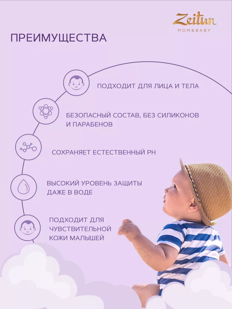 Изображение ZEITUN Солнцезащитный детский крем SPF 50 для лица и тела, водостойкий с пантенолом 0+, 150 мл