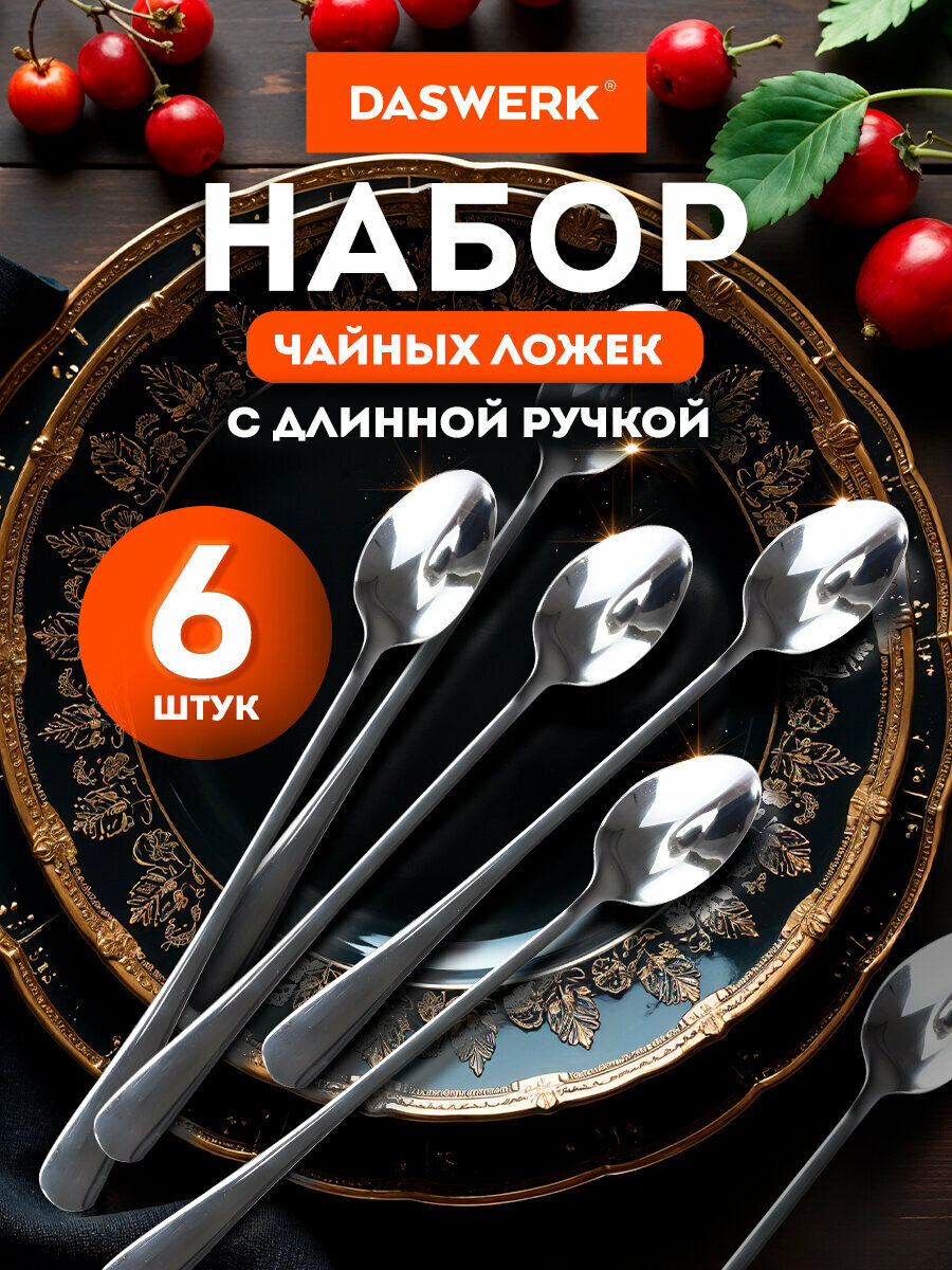 Ложки чайные набор 6 штук 19,5 см длинные, полированная нержавеющая сталь, серебристые, Daswerk (Дасверк), 609076