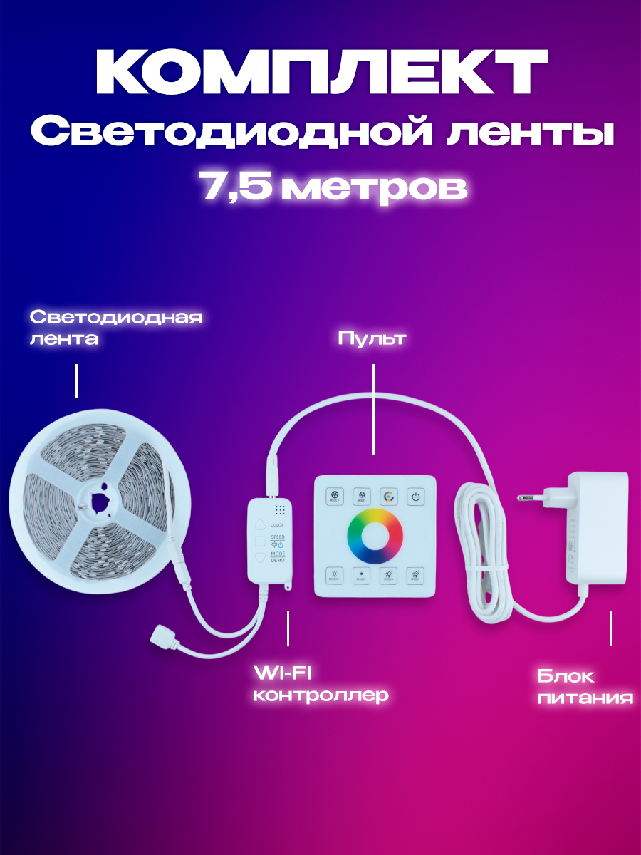 Светодиодная лента 7,5 метров, сенсорная панель управления, 30 светодиодов/метр. Работает с Алисой. — фото 1