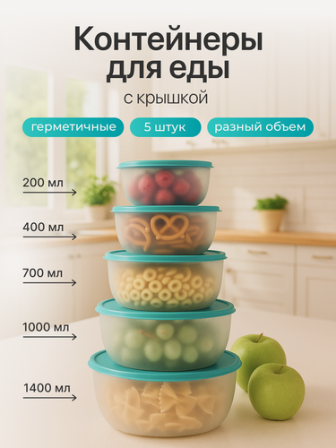 Изображение товара Контейнер для еды Редда, набор контейнеров с крышками, герметичный, ланч-бокс, бирюзовый, 5 штук