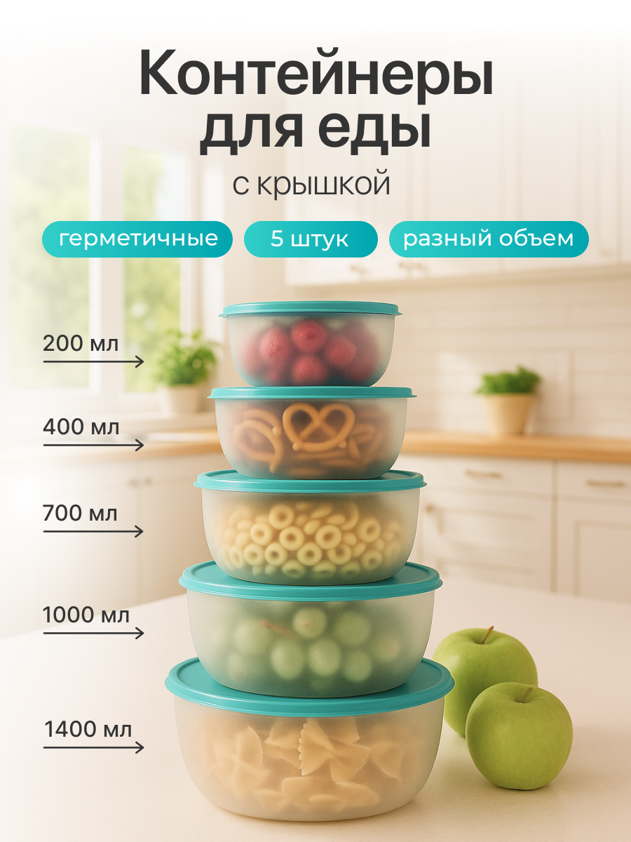 Контейнер для еды Редда, набор контейнеров с крышками, герметичный, ланч-бокс, бирюзовый, 5 штук