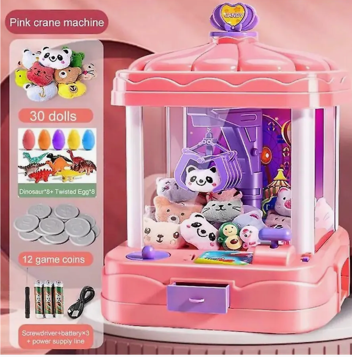 Игровой автомат с игрушками Хватайка с пультом детский розовый с 30-ю мягкими игрушками от MARI TOYS
