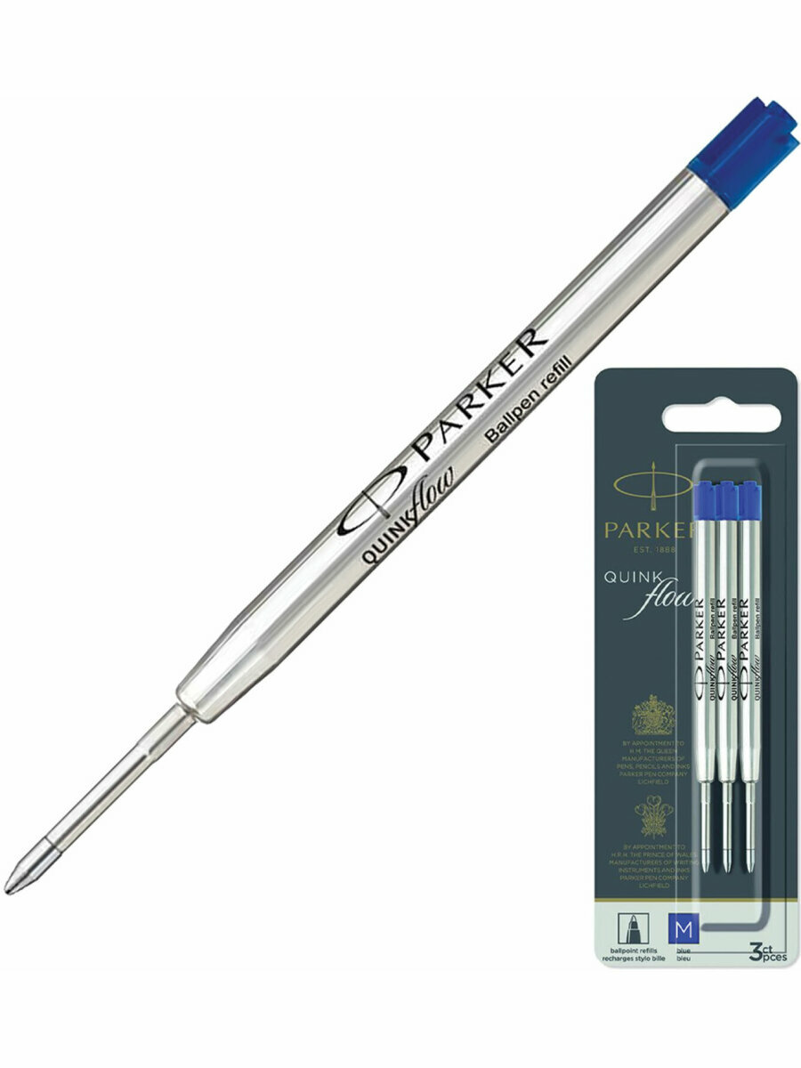 Стержень шариковый Parker Quinkflow Комплект 3 шт металлический 98 мм узел 1 мм блистер синий 2119152
