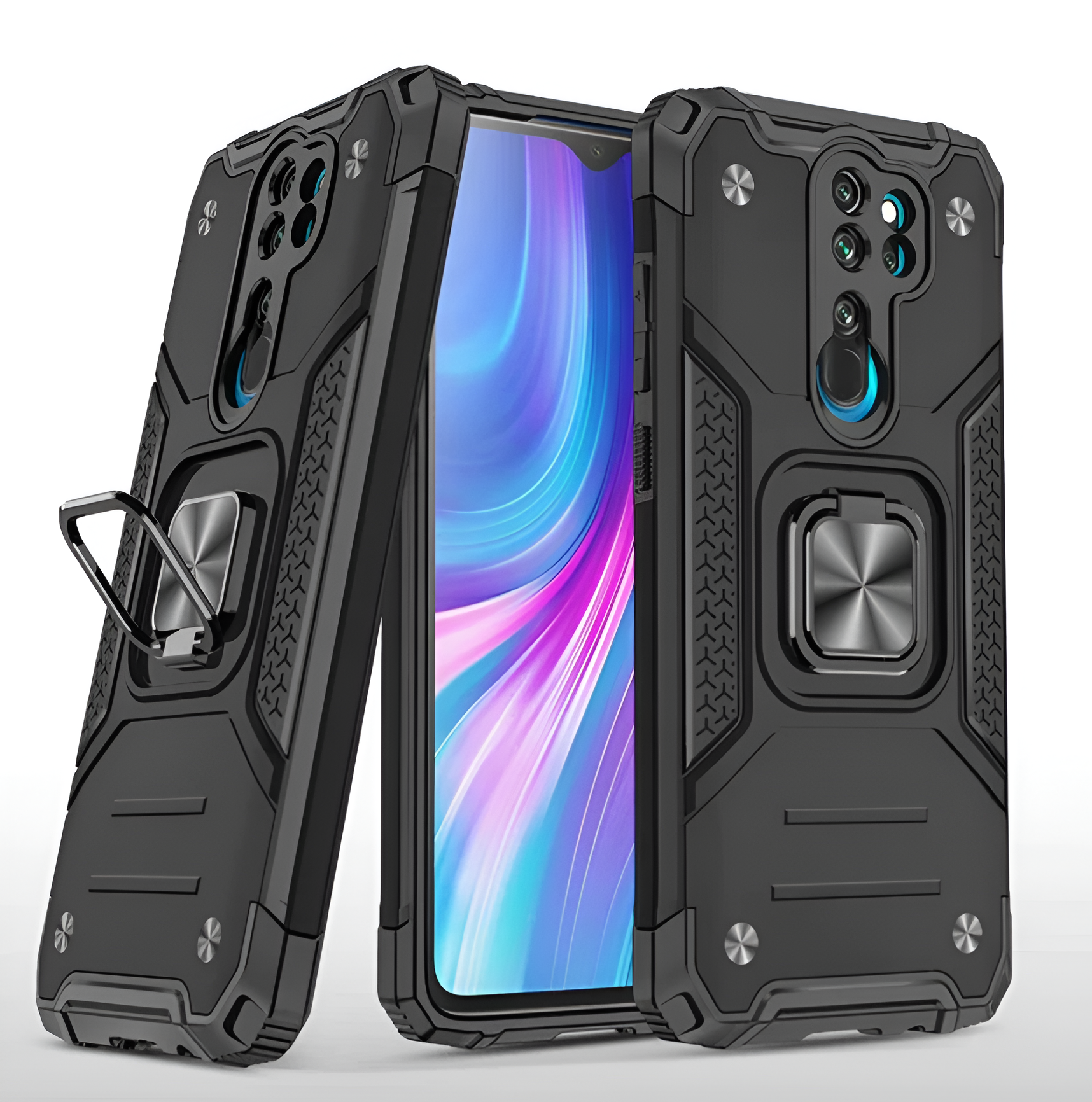 Противоударный чехол для Xiaomi Redmi Note 8 Pro черный с пластиной для магнитного автодержателя и кольцом подставкой