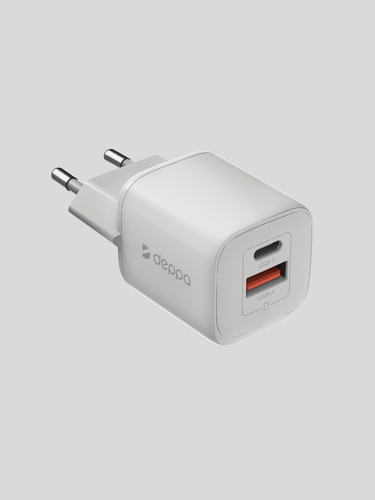 Изображение товара Зарядное устройство для телефона USB-C + USB A, 33Вт, сетевое, быстрая зарядка PD3.0, QC3.0, 33 GaN, белый, Deppa 11475
