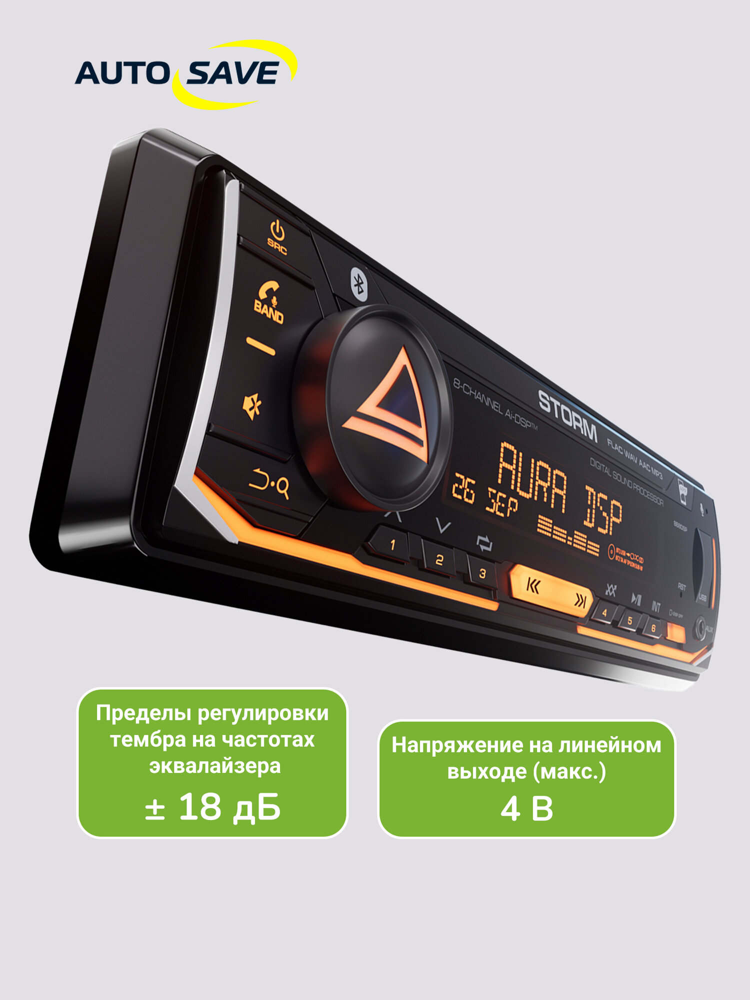 Процессорная магнитола AurA Storm-868DSP, 1DIN, Bluetooth, AUX, USB, RGB, 4x51Вт — фото 1