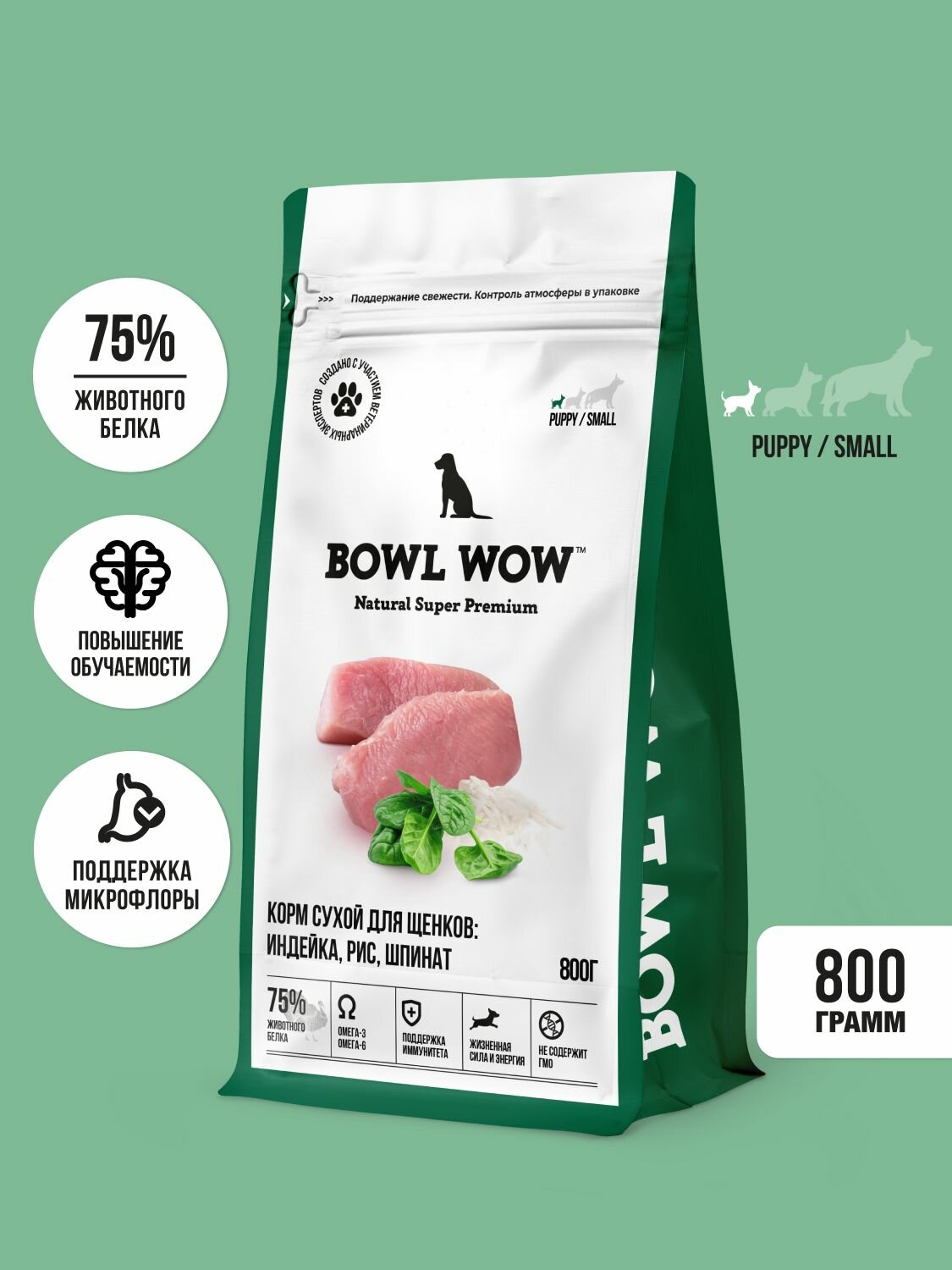 Корм сухой BOWL WOW супер премиум с индейкой, рисом и шпинатом для щенков мелких пород полнорационный, натуральный с высоким содержанием белка для суставов и иммунитета, 800 г