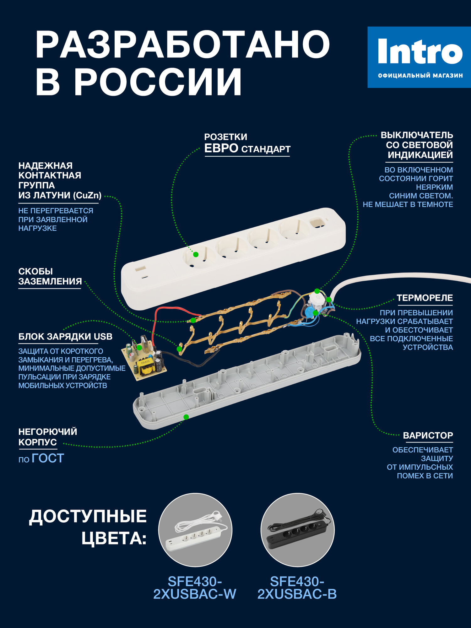 Сетевой фильтр Intro SFE430-2xUSBAC-W с базовой защитой с заземлением с выключателем 4 розетки+2xUSBA+C 3,1A 3м 10А — фото 1