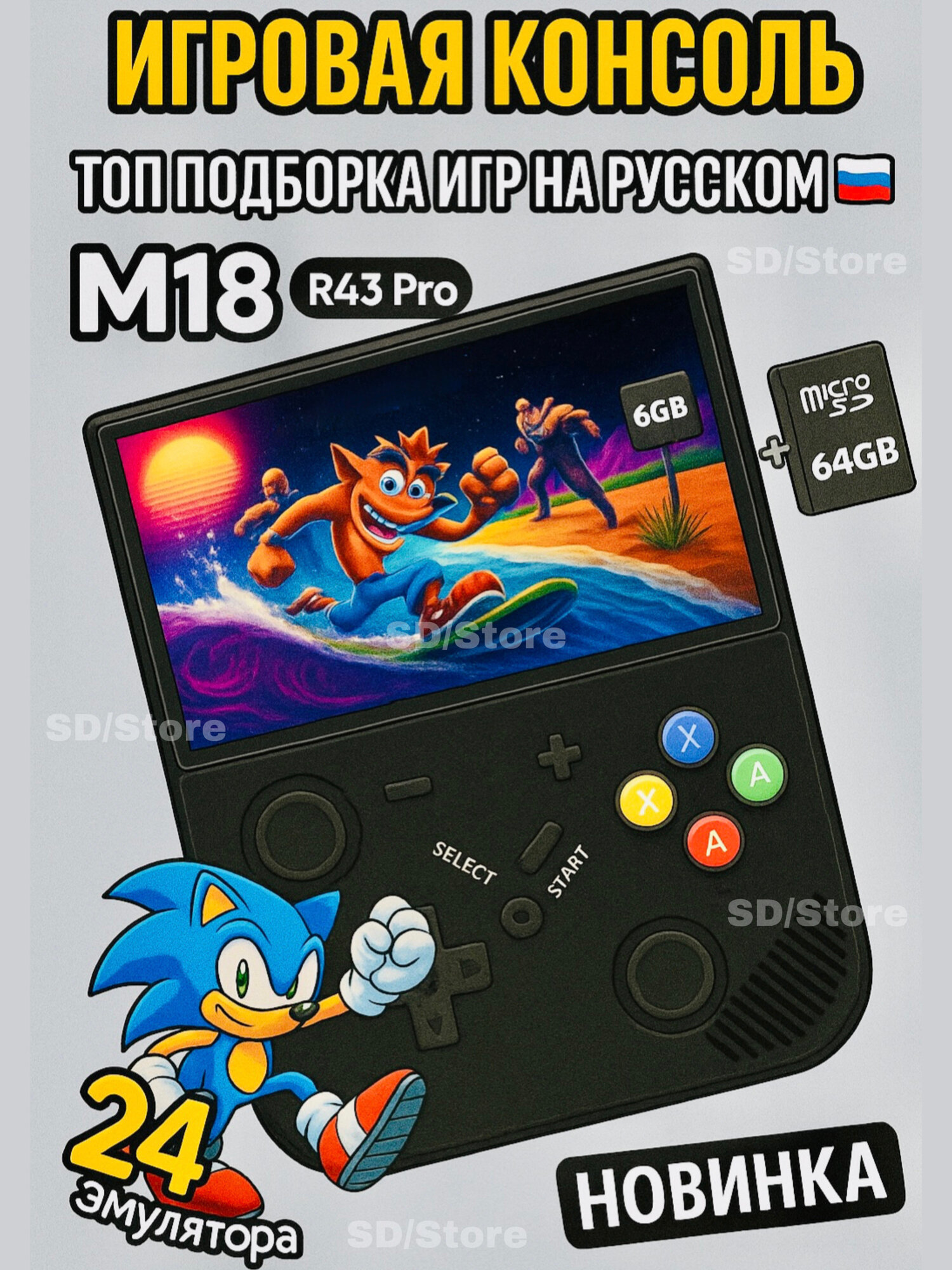 Портативная игровая консоль M18 R43pro 4,3" дюйма экран 4000 мАч 64 Гб Ps1, Sega, PSP