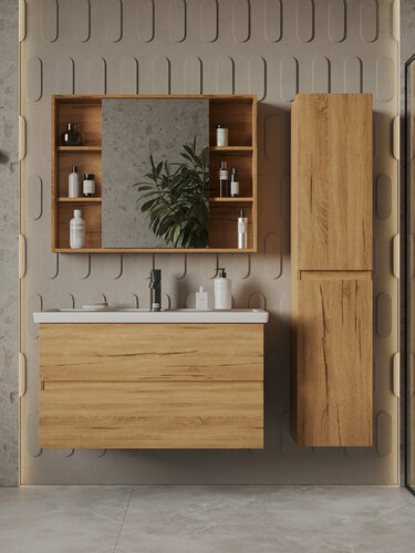 Изображение товара Тумба подвесная Vannika Vastra 100 с раковиной Фостер 100 для ванной комнаты, дуб вотан