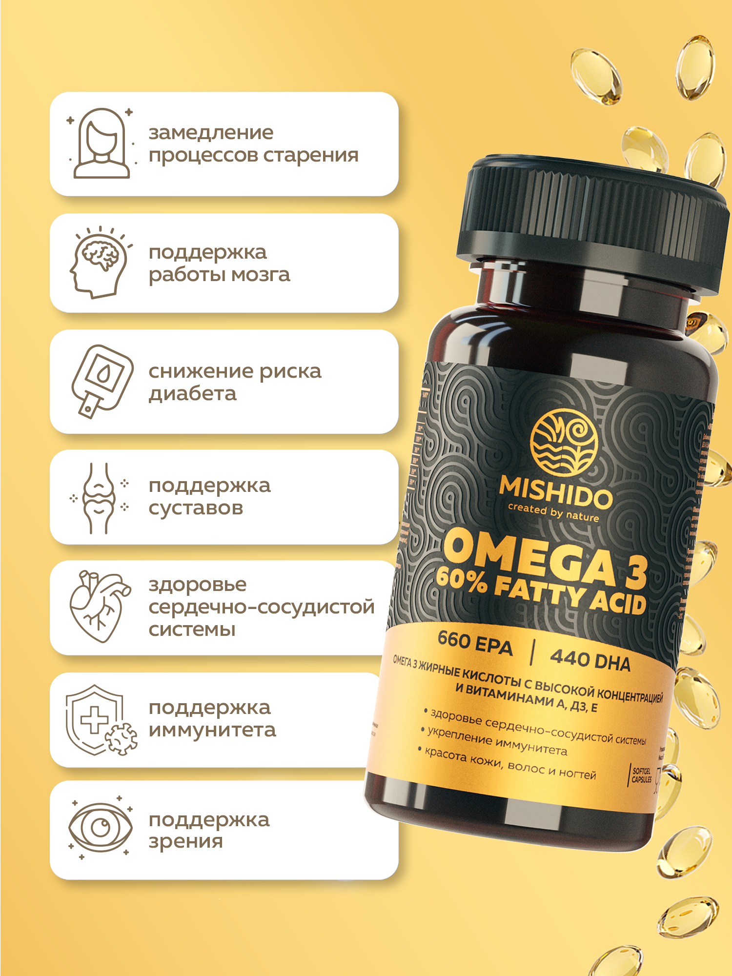Омега 3 высокой концентрации 60% + Витамины А Е Д3 MISHIDO Omega 3, 60 капсул рыбий жир для сердца мозга и иммунитета — фото 1