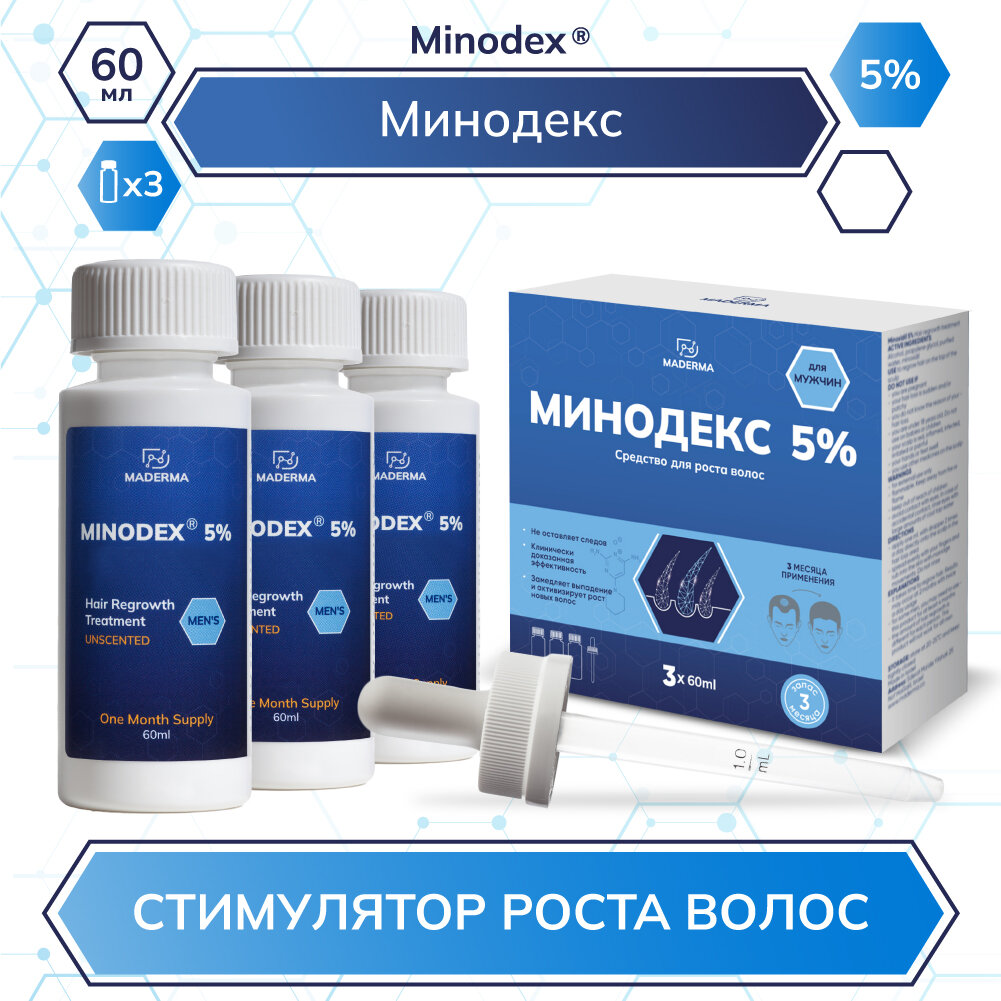 Minodex 5%, сыворотка активатор роста волос и бороды, лосьон стимулятор волосяных фолликулов, 3 х 60 мл