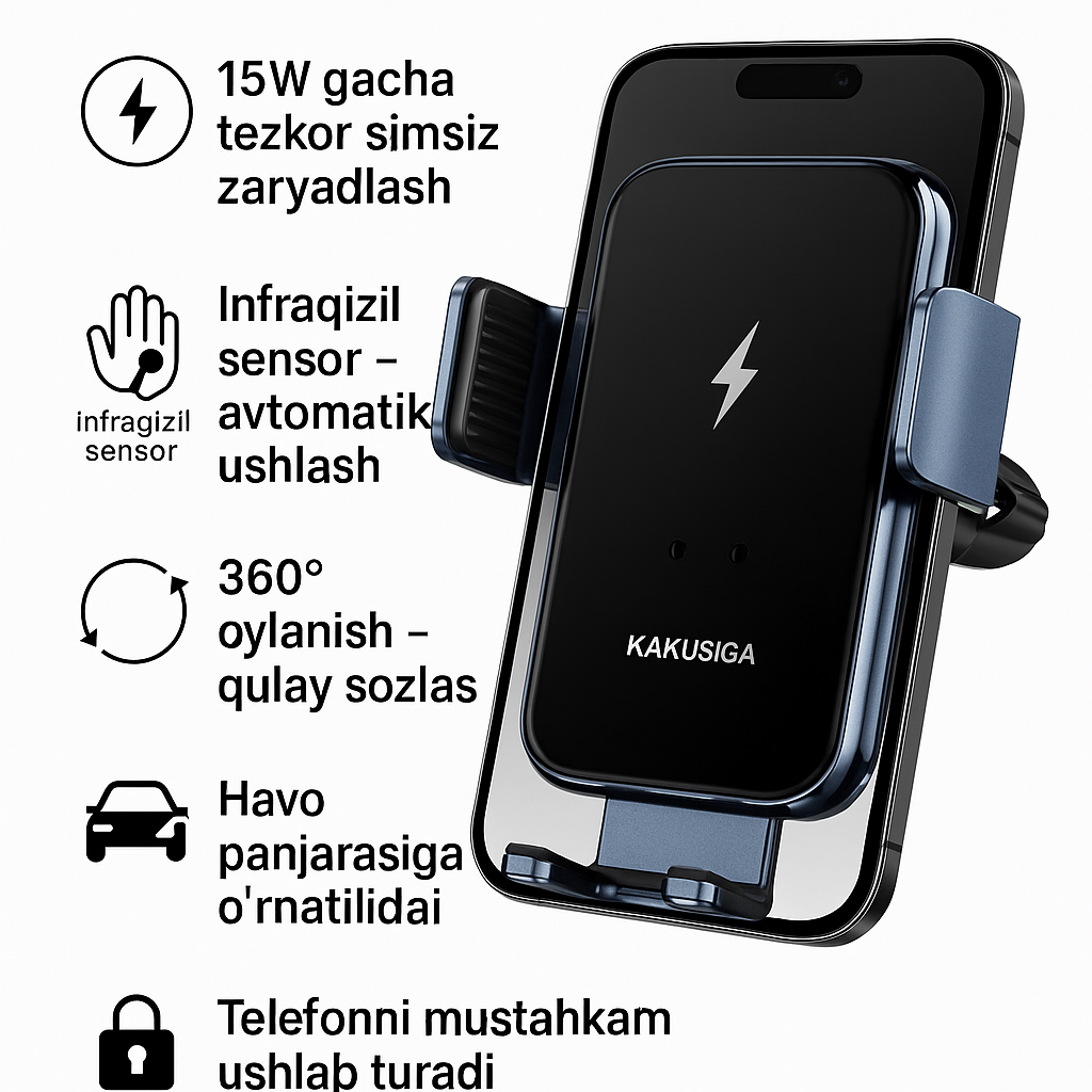 Автомобильный держатель KAKUSIGA, для телефона, беспроводная зарядка, 15Вт, черный