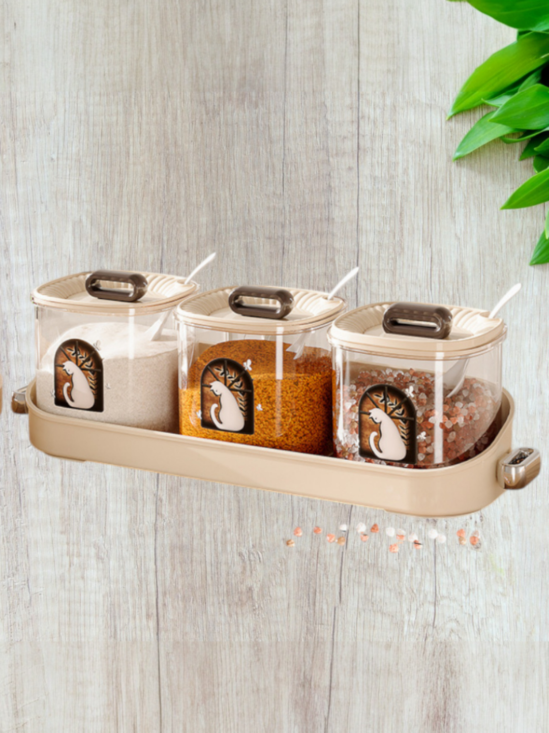 Контейнер для специй, пищевой пластик, с крышками и ложками, мультяшный дизайн, 3 секции. — фото 1