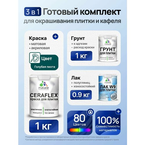 фото Комплект malare для окрашивания плитки и кафеля (1кг грунт + 1кг краска + 0,9кг лак), без запаха, полуглянцевый, цвет голубая пихта