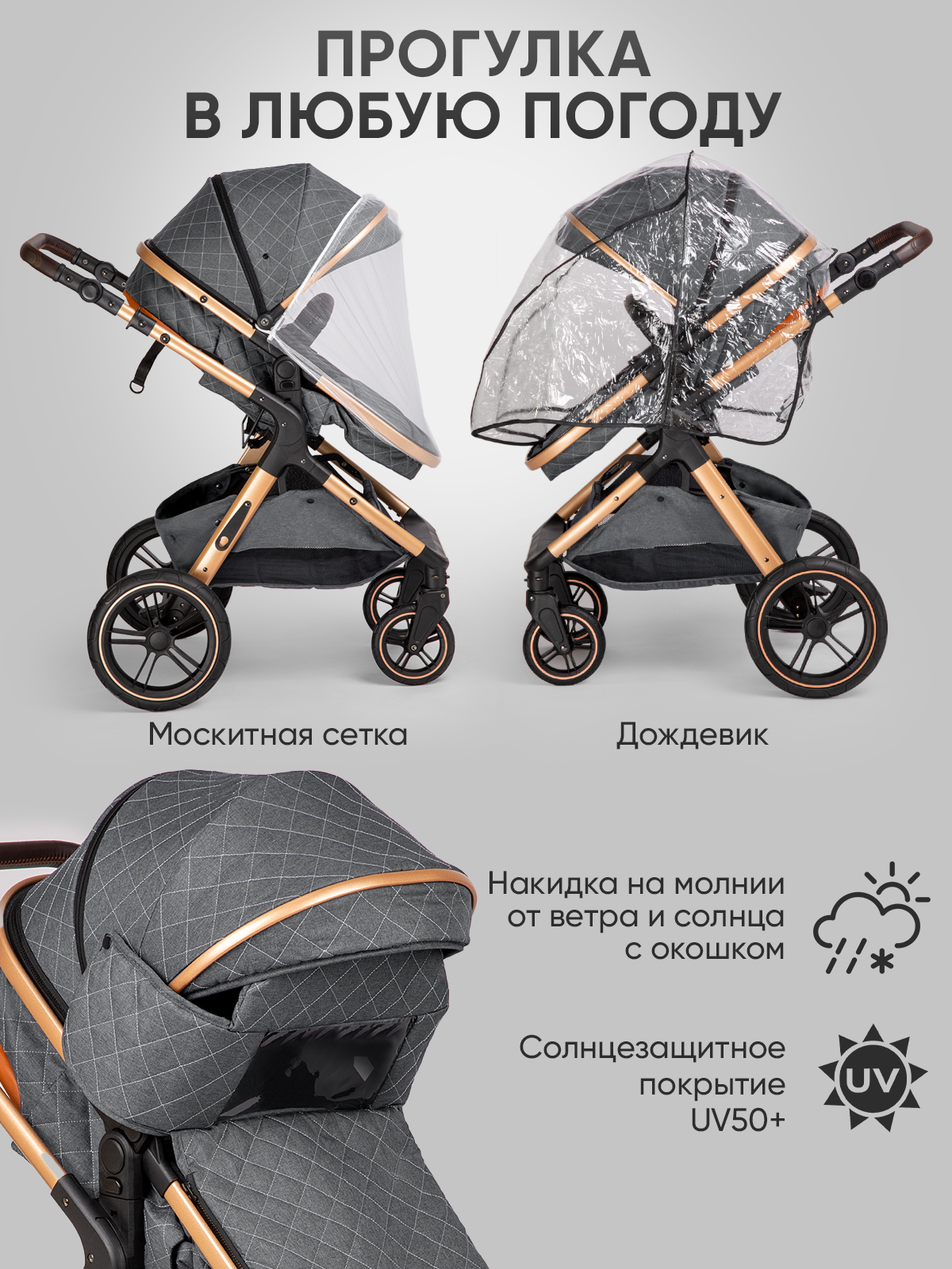 Коляска 3в1 для новорожденных прогулочная трансформер с сумкой, серая/коричневая — фото 1