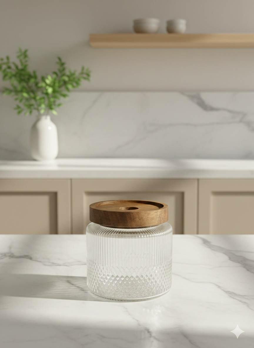 Стеклянная банка для хранения продуктов с натуральной деревянной крышкой, объём 340 мл (X-GL9C)