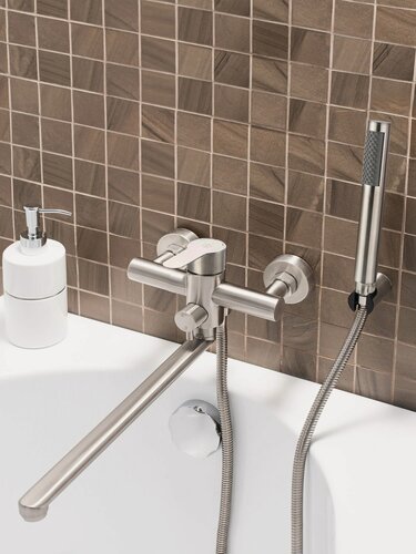 Изображение товара Смеситель для ванны РМС SUS124-006EP, нержавеющая сталь, длинный поворотный излив, с душевой лейкой