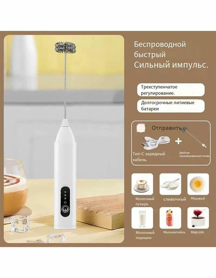 Капучинатор и вспениватель для молока электрический, ручной, беспроводной / Мини миксер / Milk Frother
