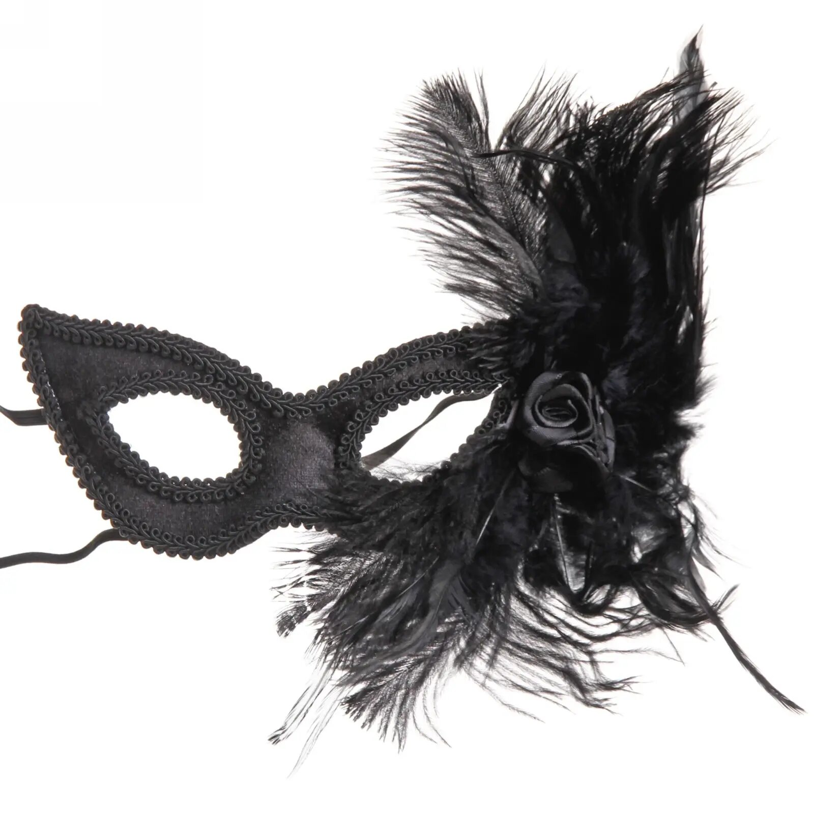 Маска карнавальная «Таинственная леди» с перьями и розой черный пластик и текстиль