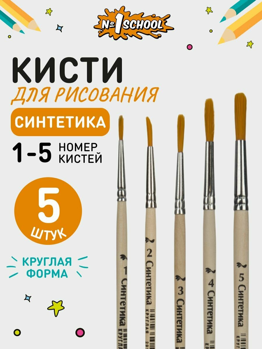Кисти для рисования Комус Класс, круглая, синтетика, 5 штук