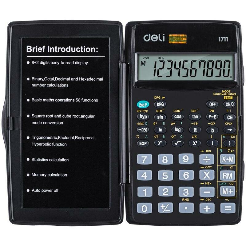 Калькулятор научный Deli E1711, 8-р, 56 функций, бат, 120x72мм, черный