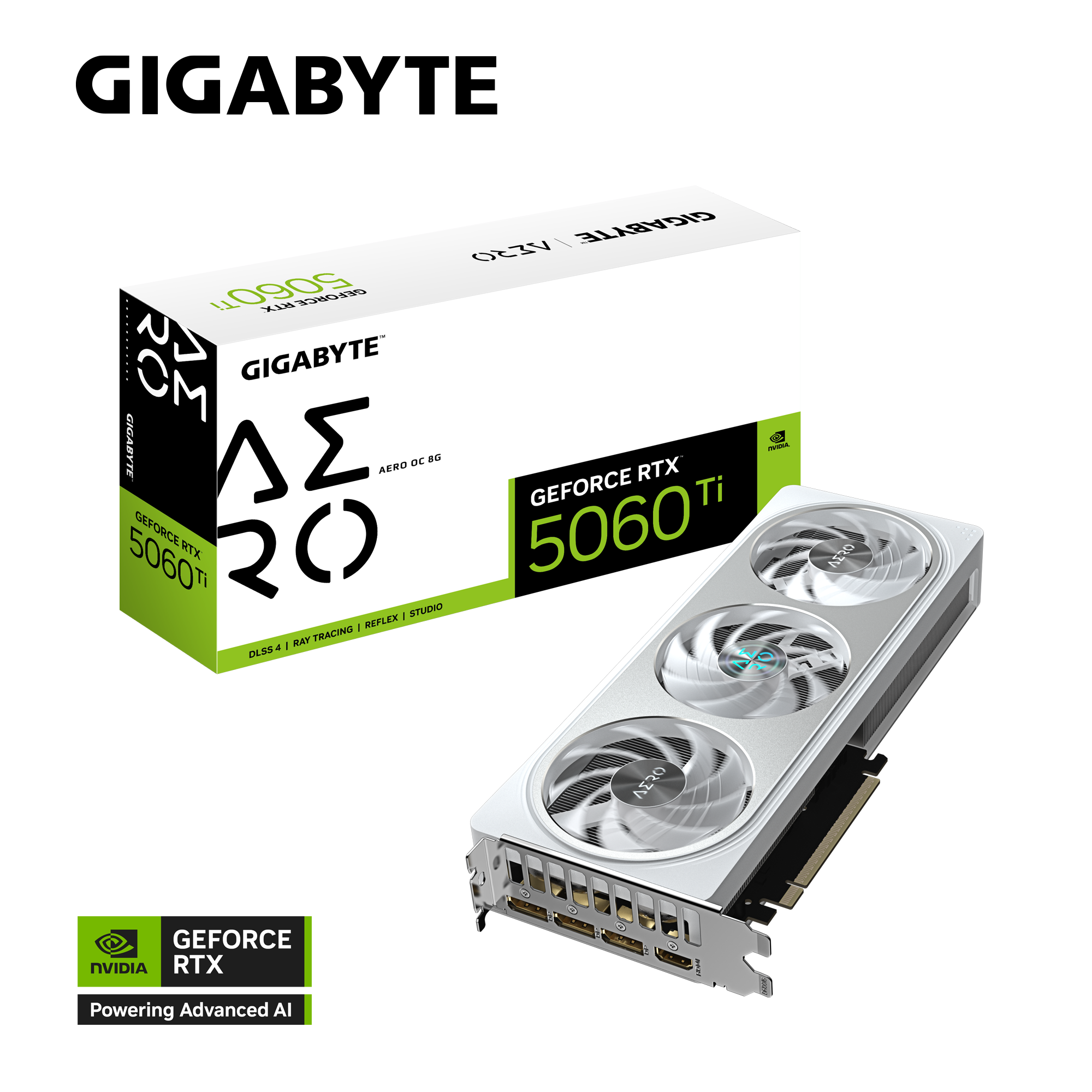 Видеокарта GIGABYTE GeForce RTX™ 5060 Ti AERO OC 8G (GV-N506TAERO OC-8GD), 8ГБ GDDR7, 128-bit, 28 Гб/с, PCI-E 5, черная