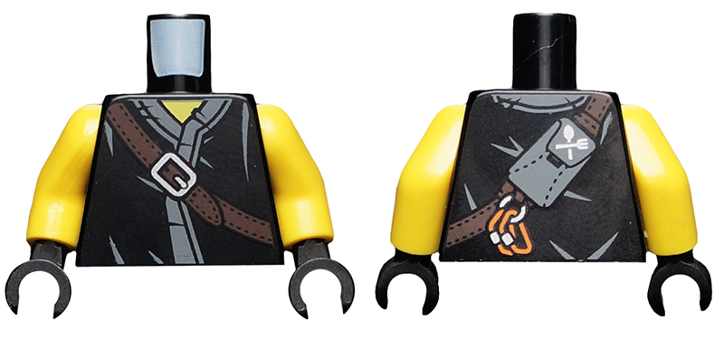 Torso Ninjago Robe with Brown Belt, Silver Buckle, Cutlery Pouch, Carabiners and Dark Bluish Gray Fabric Creases Pattern / Yellow Arms / Black Hands, 973pb3583c01 Black U