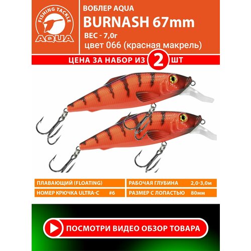 Воблер для рыбалки плавающий AQUA Burnash 67mm 7g заглубление от 2 до 3m цвет 066 2шт
