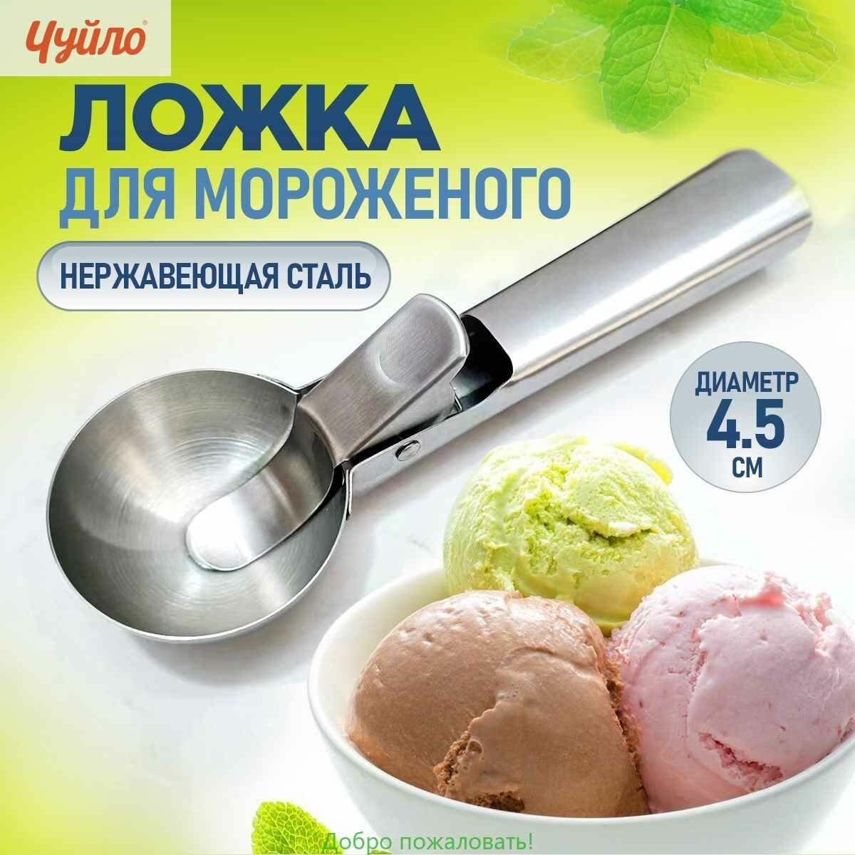 Ложка для мороженого, шарик, с выталкивателем, диаметр 4.5 см, цвет серебристый