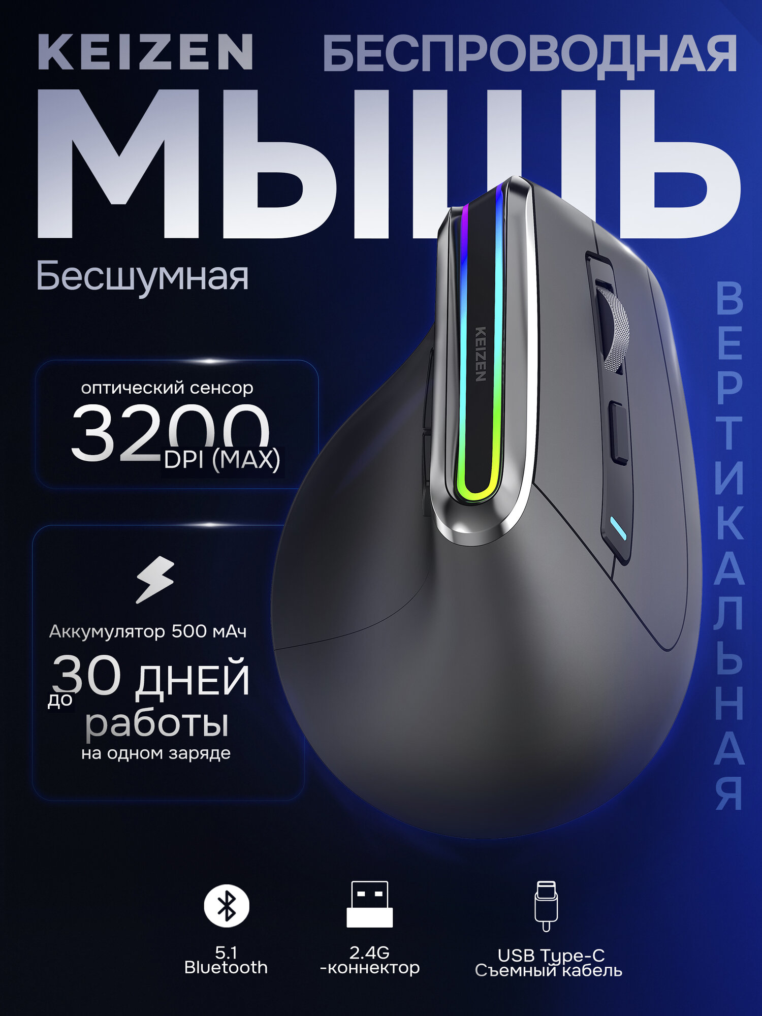 Мышь беспроводная KEIZEN KZ-5495101 вертикальная, для правой руки, с подсветкой, 3200 DPI