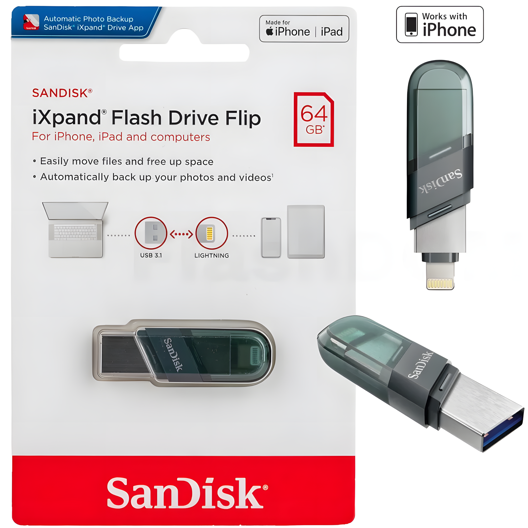 Флеш-накопитель SanDisk 64 ГБ iXpand Flash Drive Flip USB 3.1