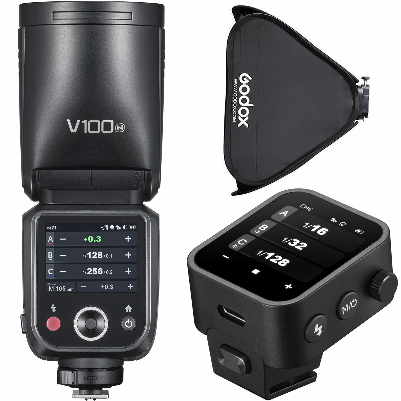 Вспышка Godox V100N TTL+ синхр X3-N и Софт Godox 80х80 для Nikon