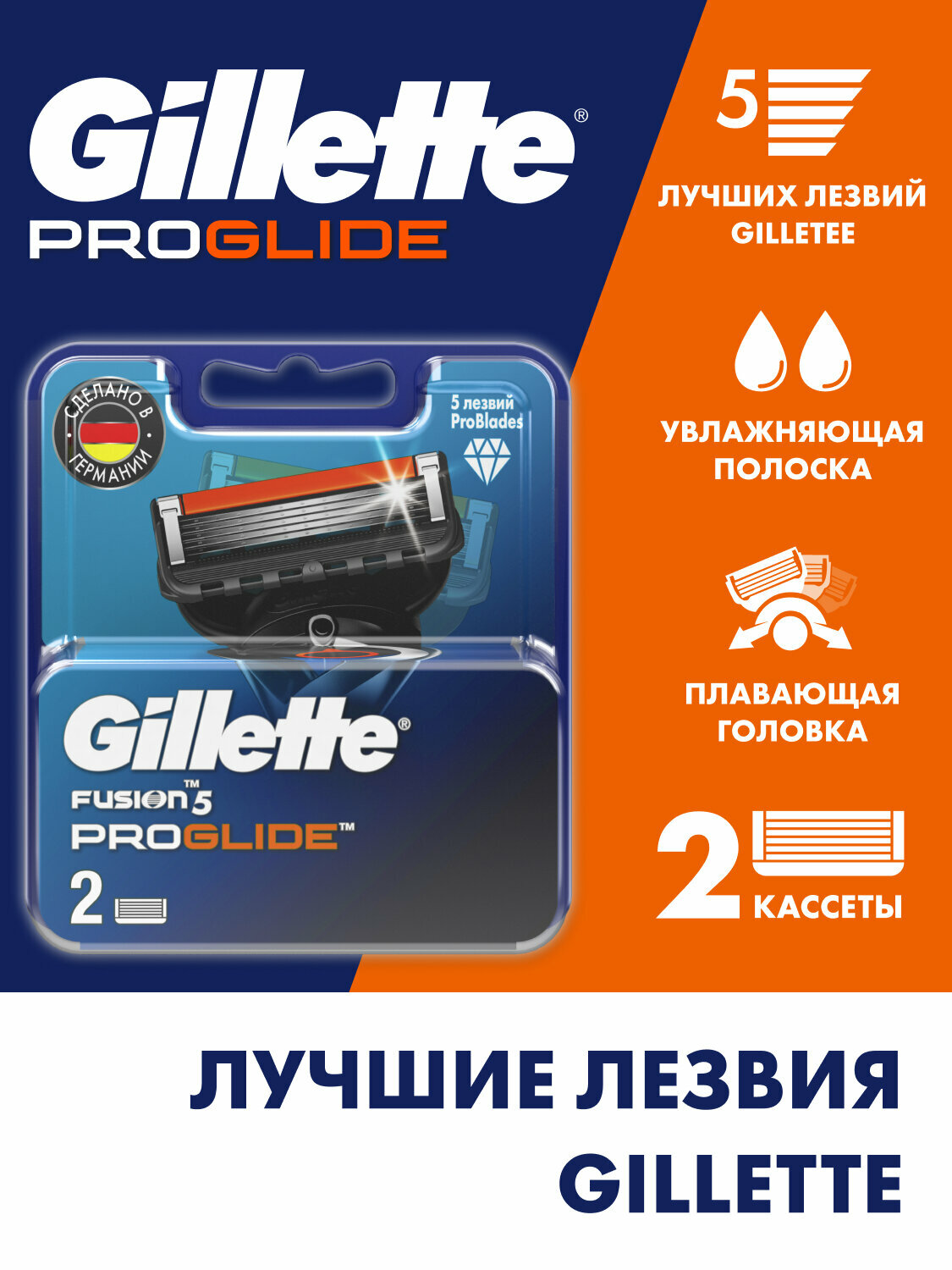 GILLETTE Fusion 5 ProGlide Сменные кассеты для бритья с 5 лезвиями, мужские, 2 шт