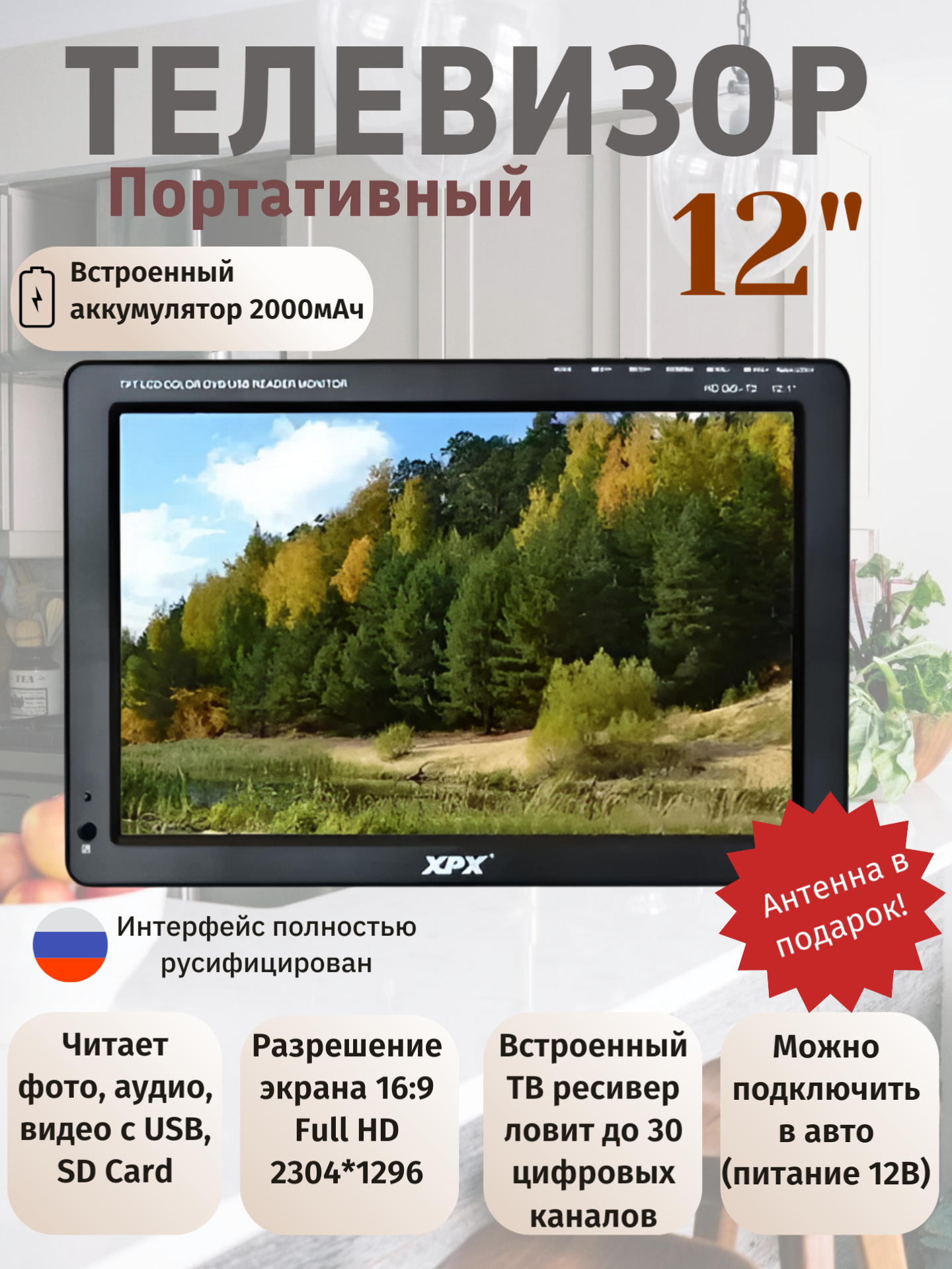 Портативный телевизор XPX EA-129D DVB-T2 12" (2304х1296)