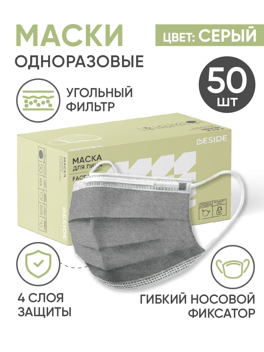 Маски медицинские одноразовые для лица BESIDE серые 50 шт с угольным фильтром четырехслойные мелтблаун набор гигиенических защитных масок
