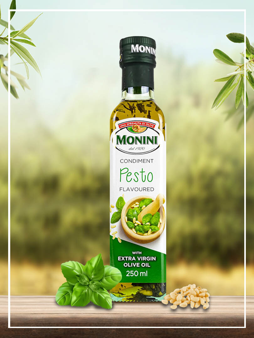 Оливковое масло Monini Extra Virgin "Песто с базиликом и кедровыми орешками" 0.25 л — фото 1