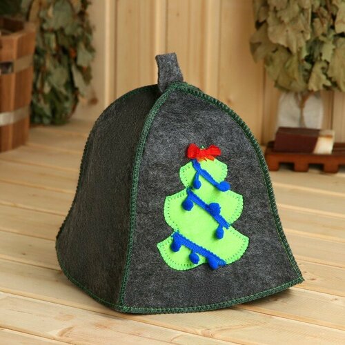 Шапка для бани Новогодняя Ель и синие бусы серая 666₽