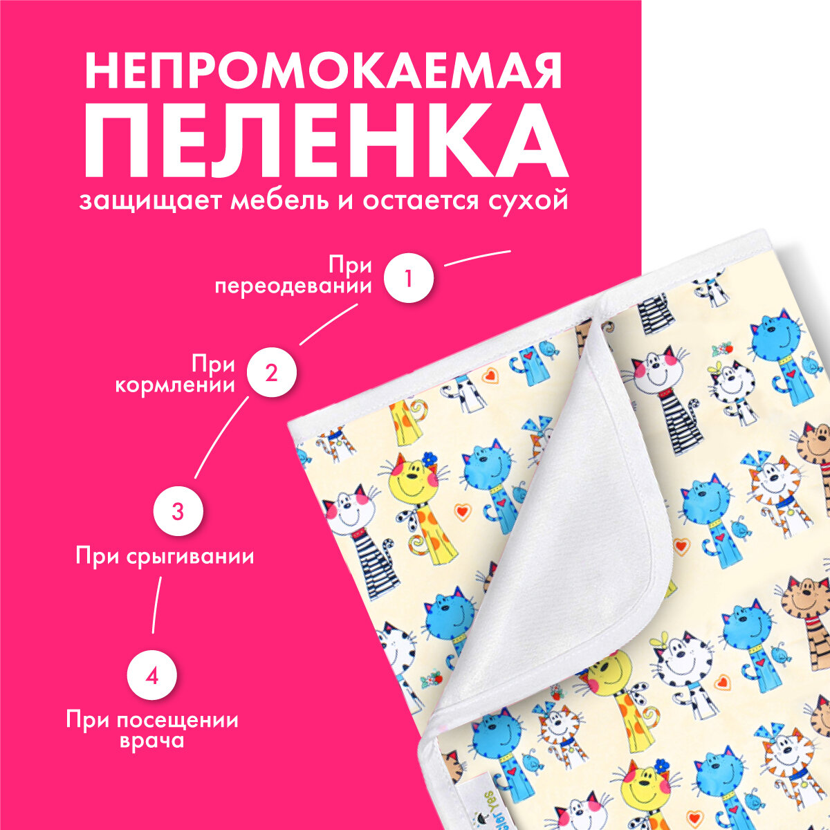 Непромокаемая плюшевая пеленка-клеенка GlorYes! Коты на бежевом 80х68 см