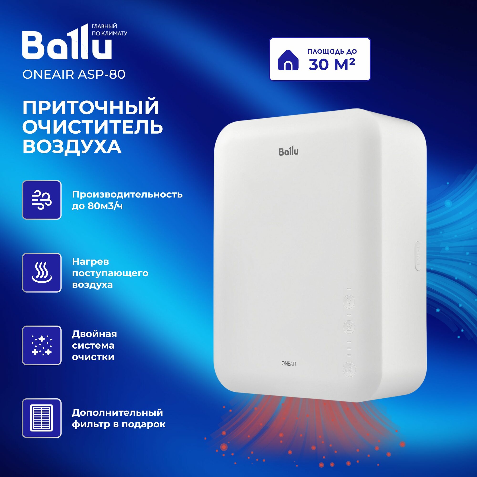 Система приточной вентиляции Ballu OneAir ASP-80, настенная, 80м³/час, белый