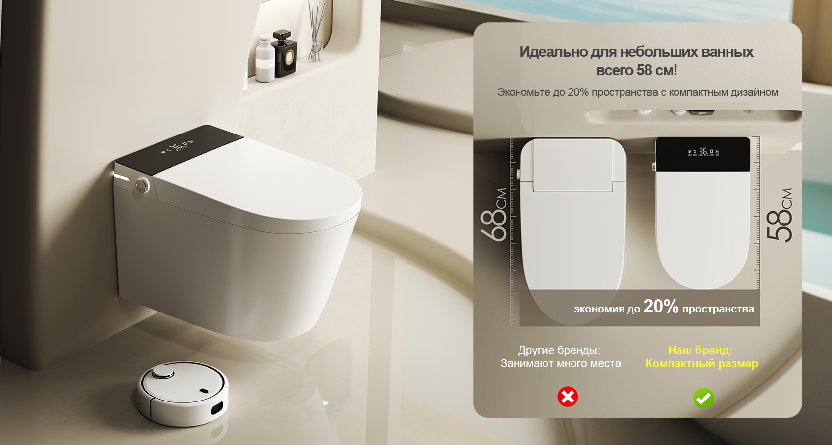 Умный электронный унитаз GX-W001-high model, подвесной, безободковый, 58 см, руссифицирован — фото 1